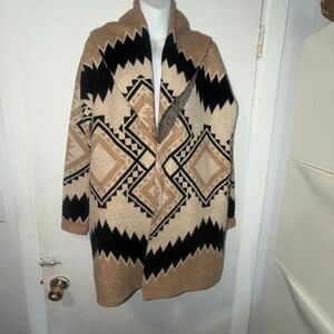 TAHARI Tan, Black And Beige Tribal Print Long Length Cardigan Sweater-S